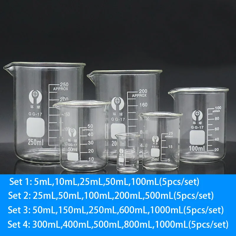 Resistência de alta temperatura do borosilicate do equipamento do laboratório do copo de vidro do laboratório de 5-5000ml e ajustou 1-4