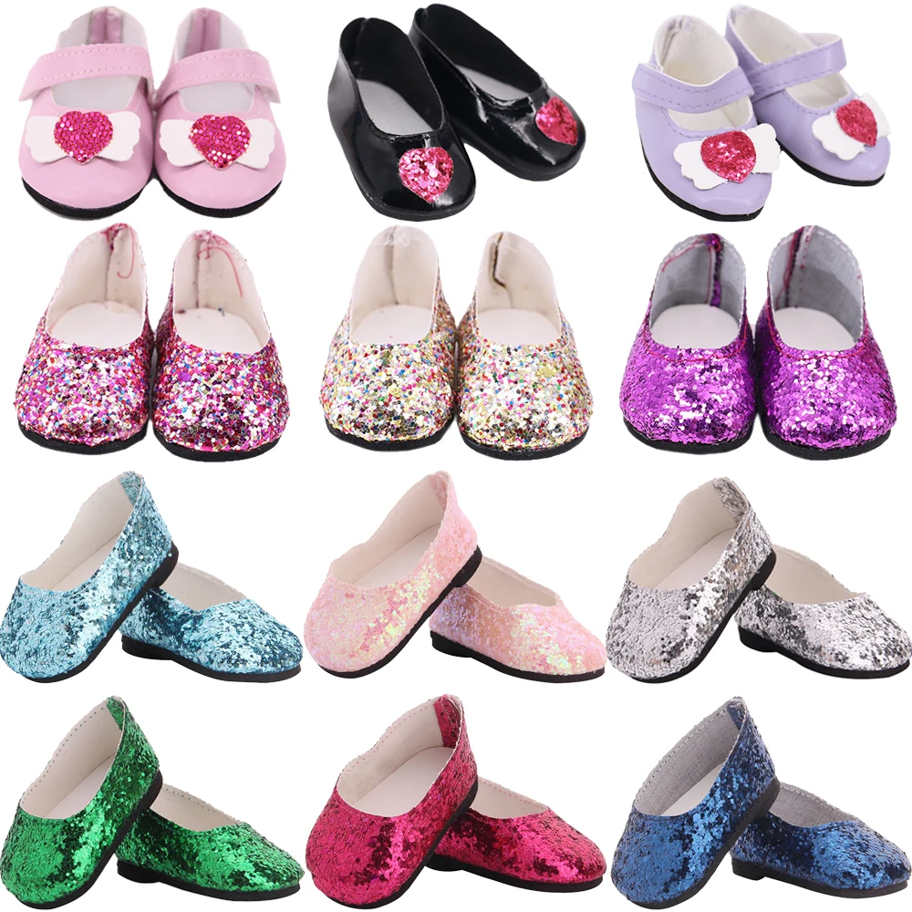 Lantejoulas Flats Sapatos de Lona para Reborn Baby Girl, Nossa Geração Boneca Sapatos, Brinquedo Russo para Menina, Boneca Americana, 7cm, 43cm, 18"