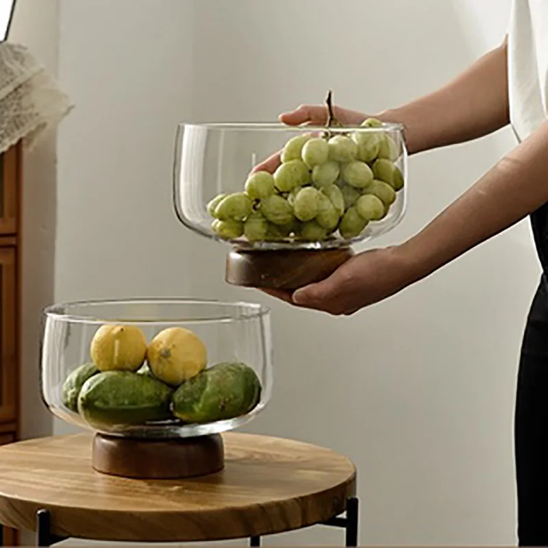 European Transparent Glass Wooden Base Fruit Tray Salad Bowl Candy Dessert Storage Tray Coffee Table Desktop Home Decoration