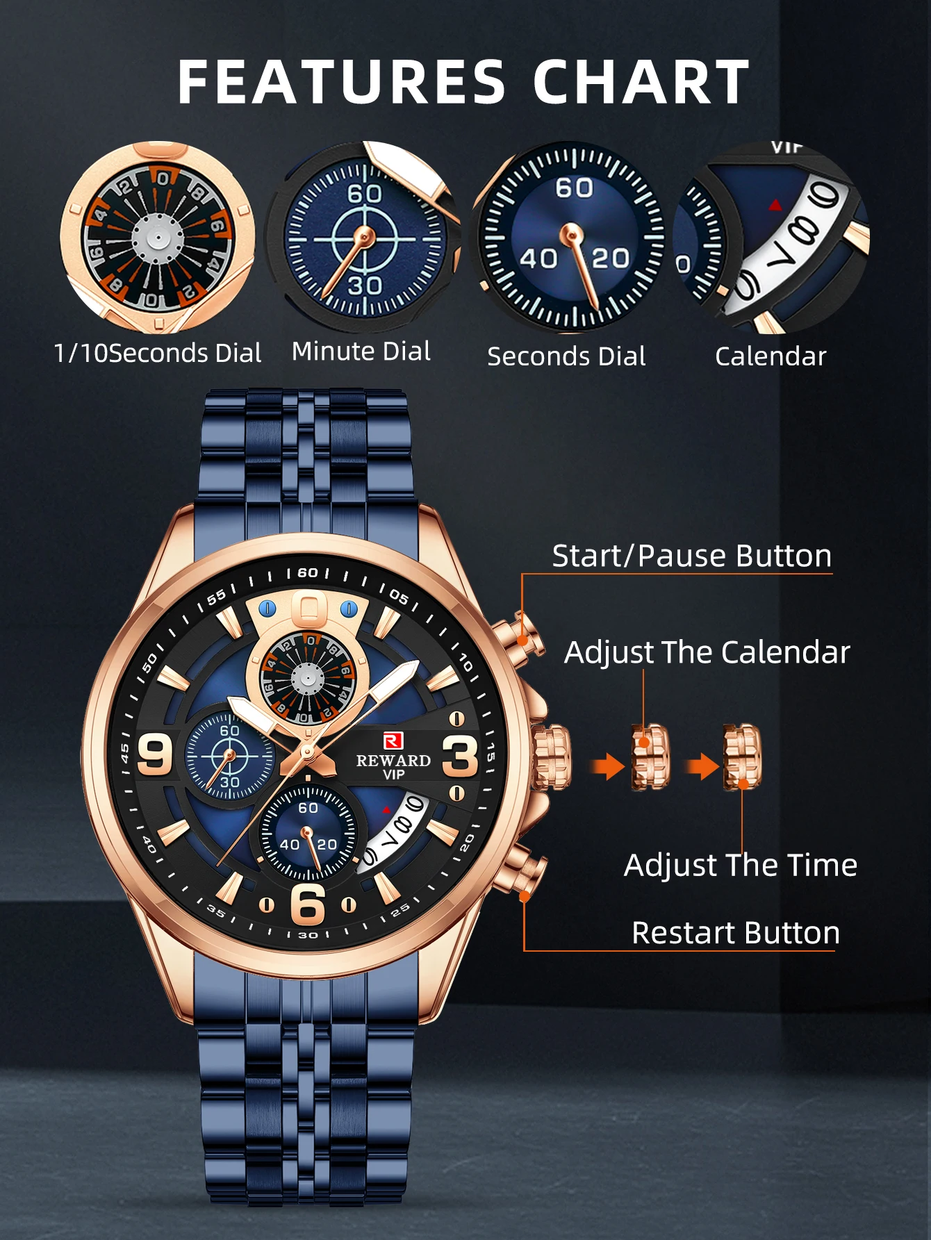 REWARD VIP Design Quartz Watches for Men Waterproof Sport Wristwatch Stainless Steel Chronograph Luminous Wrist Watches for Male