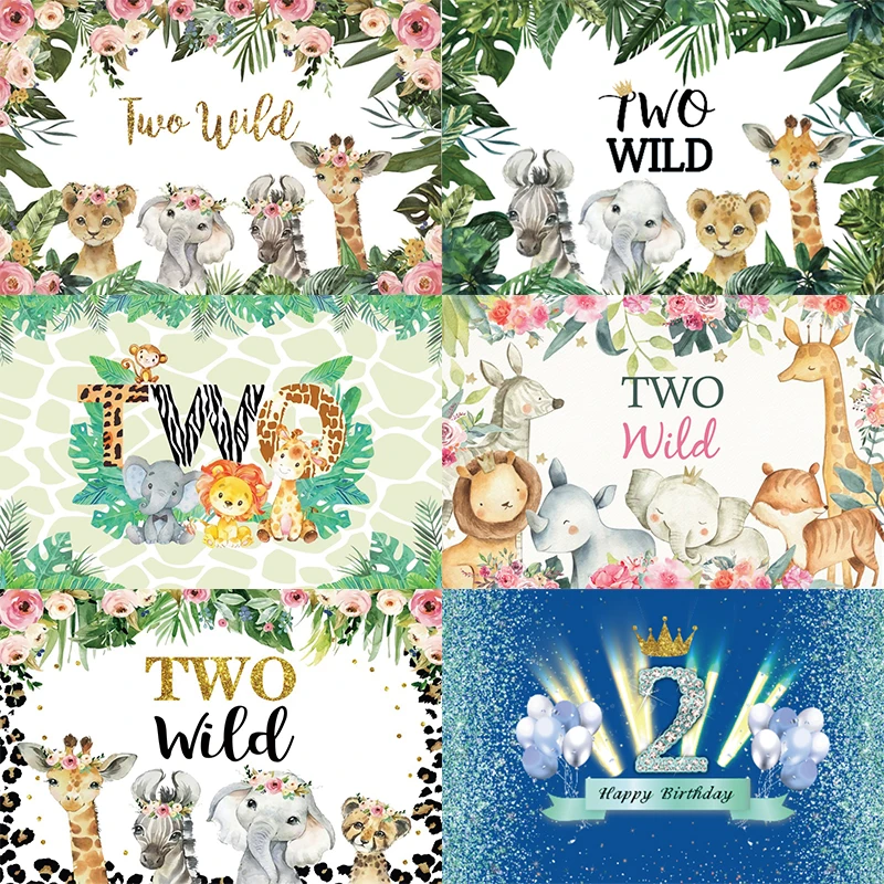 

Two Wild Photo Backdrop Elephant Animal Jungle Safari Lion Happy Birthday Party Baby Shower Photography Background Decor Banner