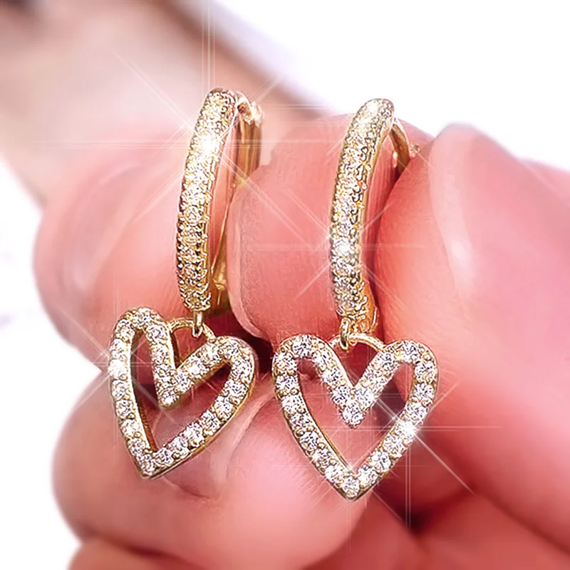 Huitan Hollow Out Heart Earrings for Women Full Dazzling CZ Silver Color/Gold Color Love Dangle Earrings New Trendy Jewelry Gift