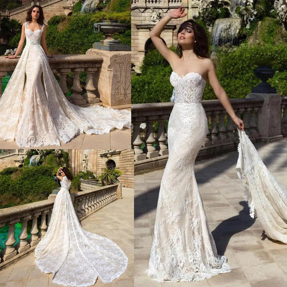 2021 New Champagne Mermaid Wedding Dresses With Detachable Train Sweetheart Bridal Gowns Plus Size Wedding Dress Robe De Mariee