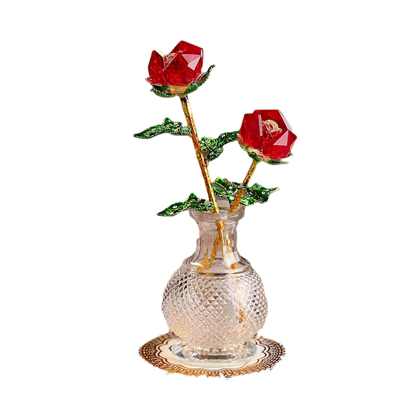 

Crystal Rose Flower for Home Decor Romantic Love Gift for Girlfriend Valentines Day Gift with Glass Vase Decorations