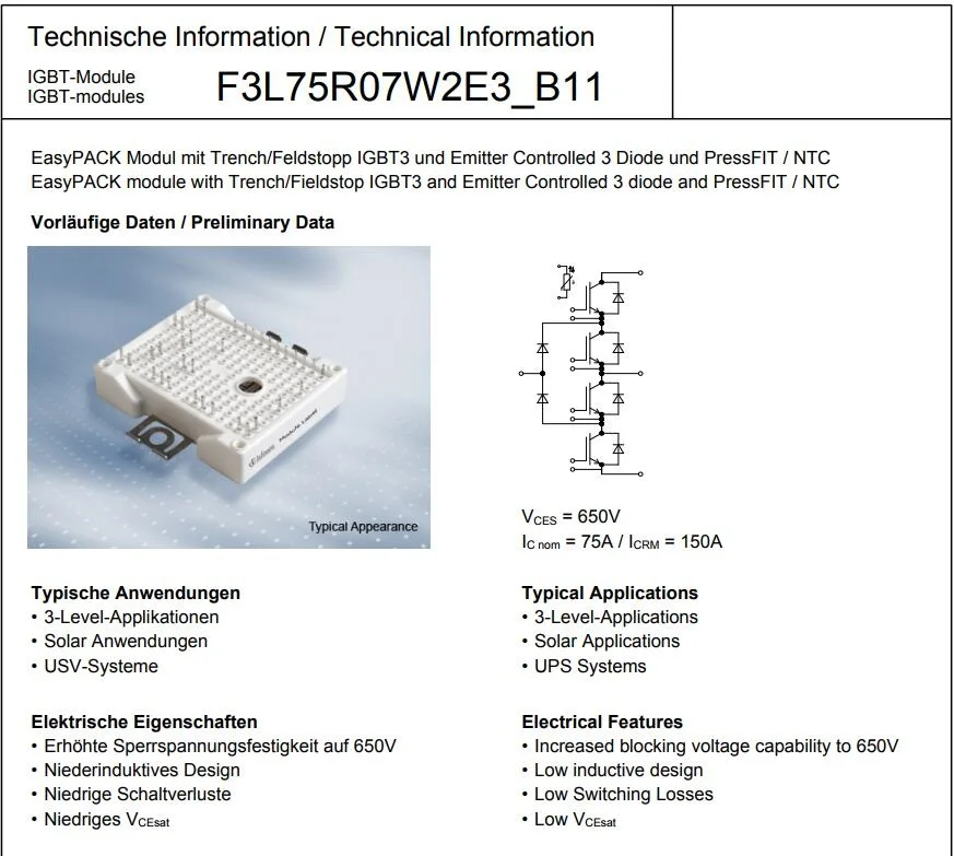 Imagem -02 - Módulo Igbt Igbt Módulo Vces F3l75r07w2e3_b11 F3l75r07w2e3-b11 600 v 75a F3l75r07w2e3b11boma1 F3l75r07w2e3b11