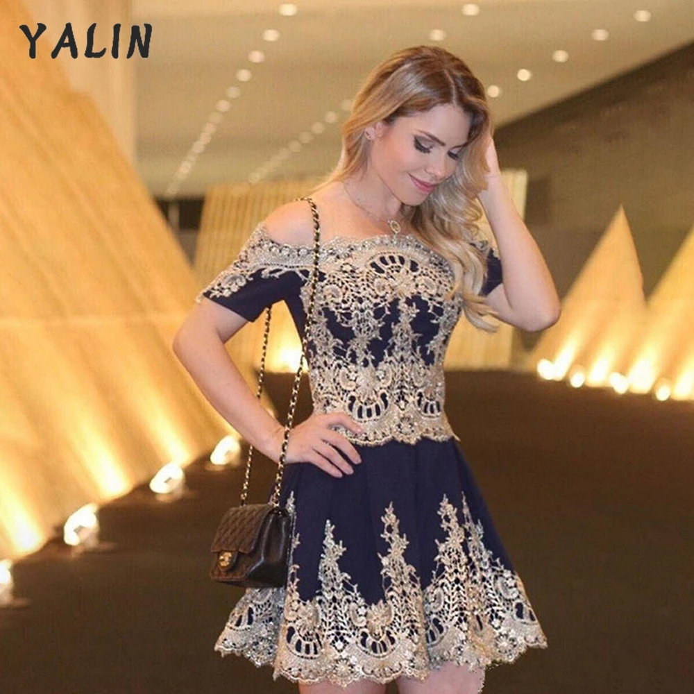 YALIN Morocco Style Short Prom Dresses Off The Shoulder Gold Lace Applique Cocktail Party Gowns A Line Vestidos De Fiesta