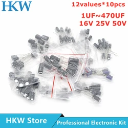 120pcs 12 value kit 1uF-470uF Electrolytic Capacitor assortment set pack 1UF 2.2UF 3.3UF 4.7UF 10UF 22UF 33UF 47UF 100UF 470UF