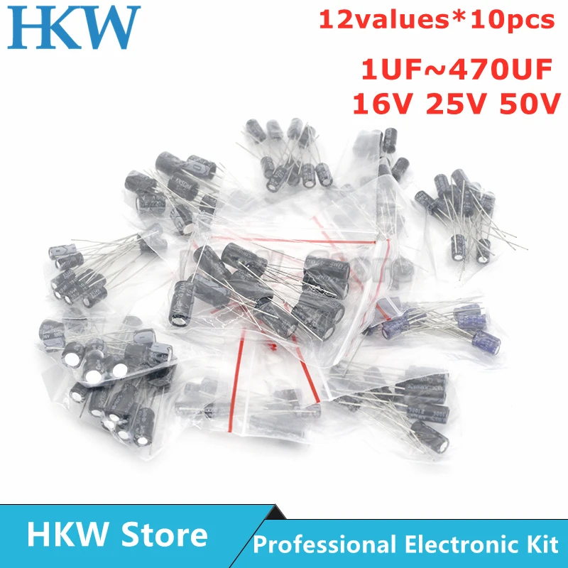 120pcs 12 value kit 1uF-470uF Electrolytic Capacitor assortment set pack 1UF 2.2UF 3.3UF 4.7UF 10UF 22UF 33UF 47UF 100UF 470UF