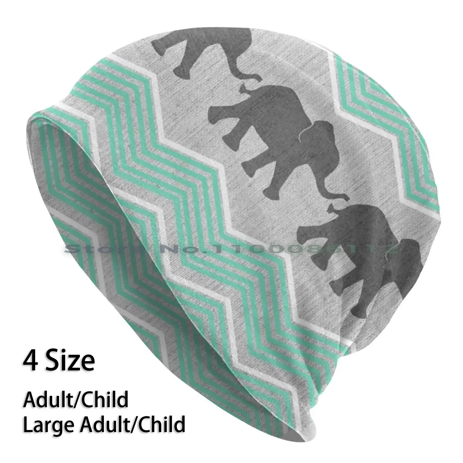 Three Elephants Beanies Knit Hat Grey Teal Turquoise Blue Wood Silver Animals Zig Zags Mint White Textured Graphic Cute African