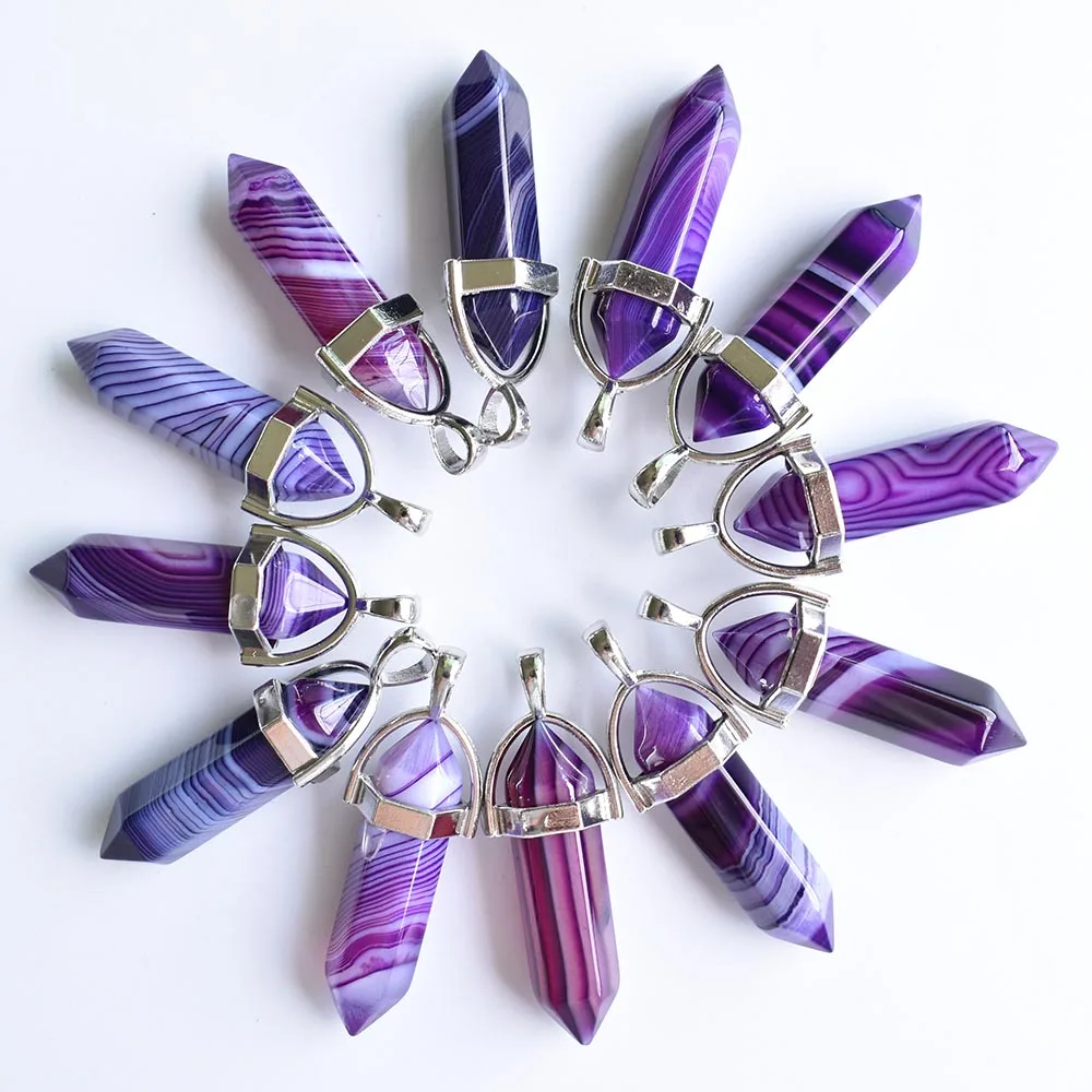 Großhandel 24 Stück/Set hochwertige lila gestreifte Onyx-Säulenform Chakra-Anhänger für die Schmuckherstellung, kostenloser Versand – Detail 1