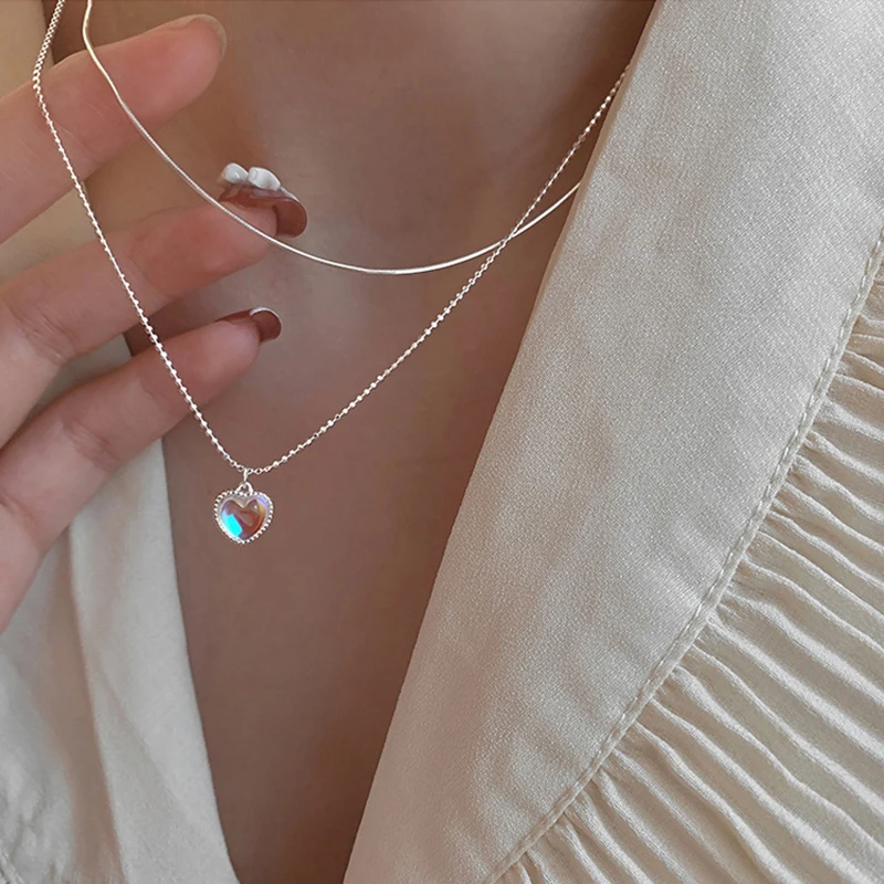 XIYANIKE Silver Color  Double Love Heart-shaped Moonstone Pendant Necklace Women Gradient Gemstone Clavicle Chain Couple