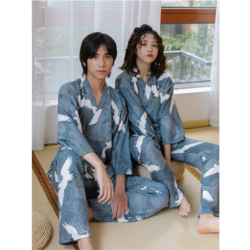 Japanese Kimono Crane Ukiyo-e Men Samurai Costume Cotton Haori Blue Cardigan Women Pajamas Couple Sleepwear Thick Japan Dress