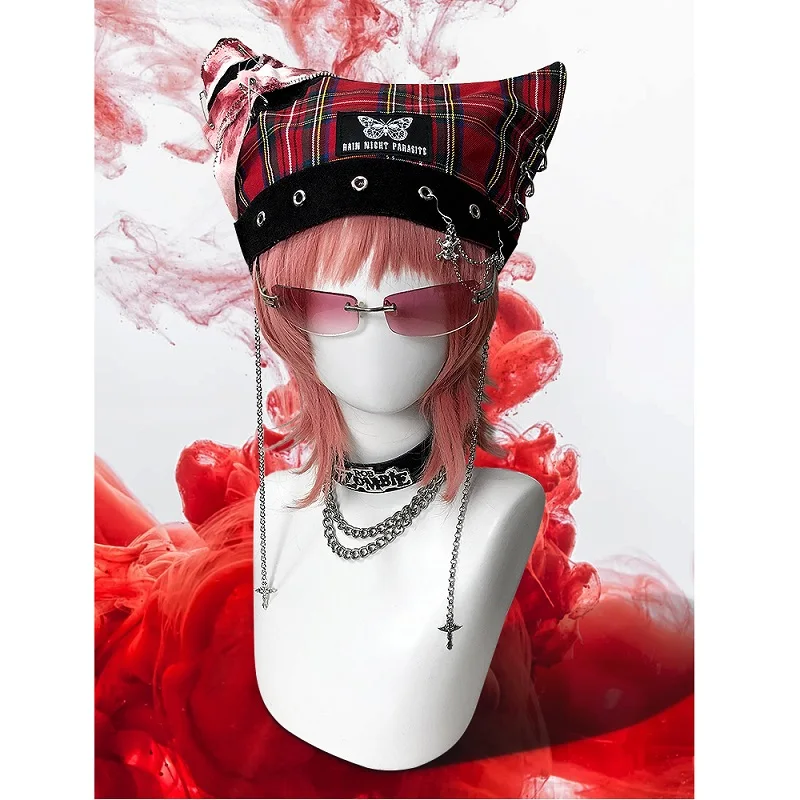 Japanese Punk Rock Metal Chain Plaid Cat Ear Beret Hat Gothic Girls Fashion Streetwear Hip Hop Devil Red Black Blood Bucket Caps