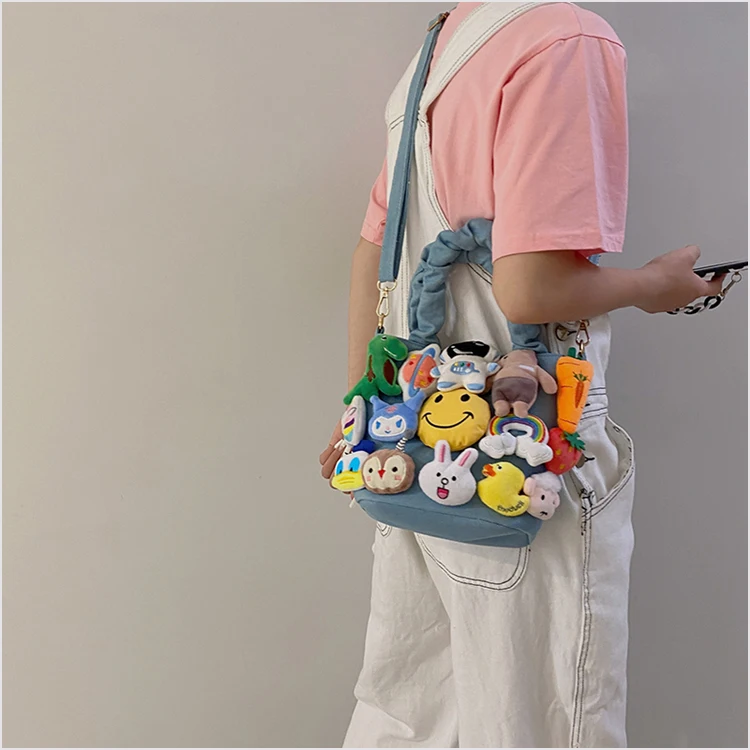 Cute Japanese Cartoon Canvas Bag Women Bags Bucket Bag Kawaii Plush Pendant Shoulder Bags Messenger Bag High Capacity Side Bag