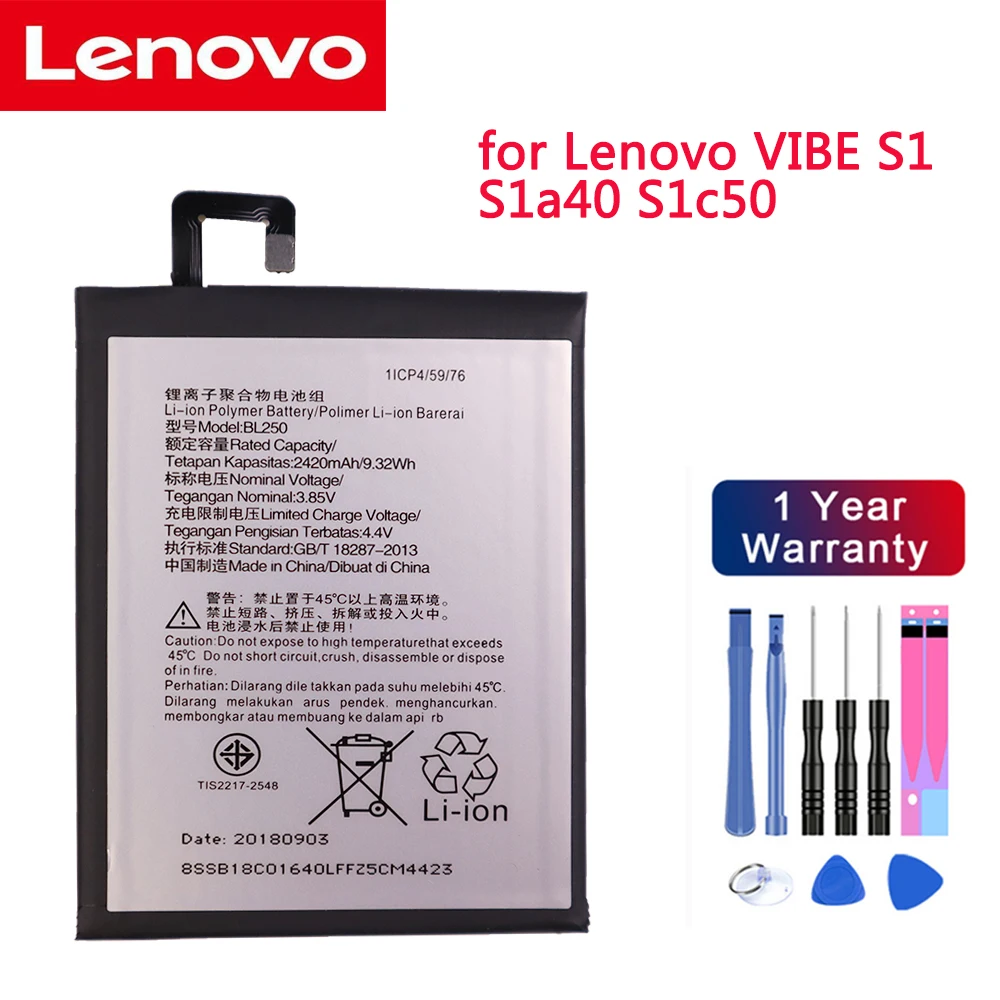 

100% Original BL250 2420mAh Battery for Lenovo VIBE S1 S1a40 S1c50 High Quality bl250 Li-ion Built-in cellPhone Batteries+tools