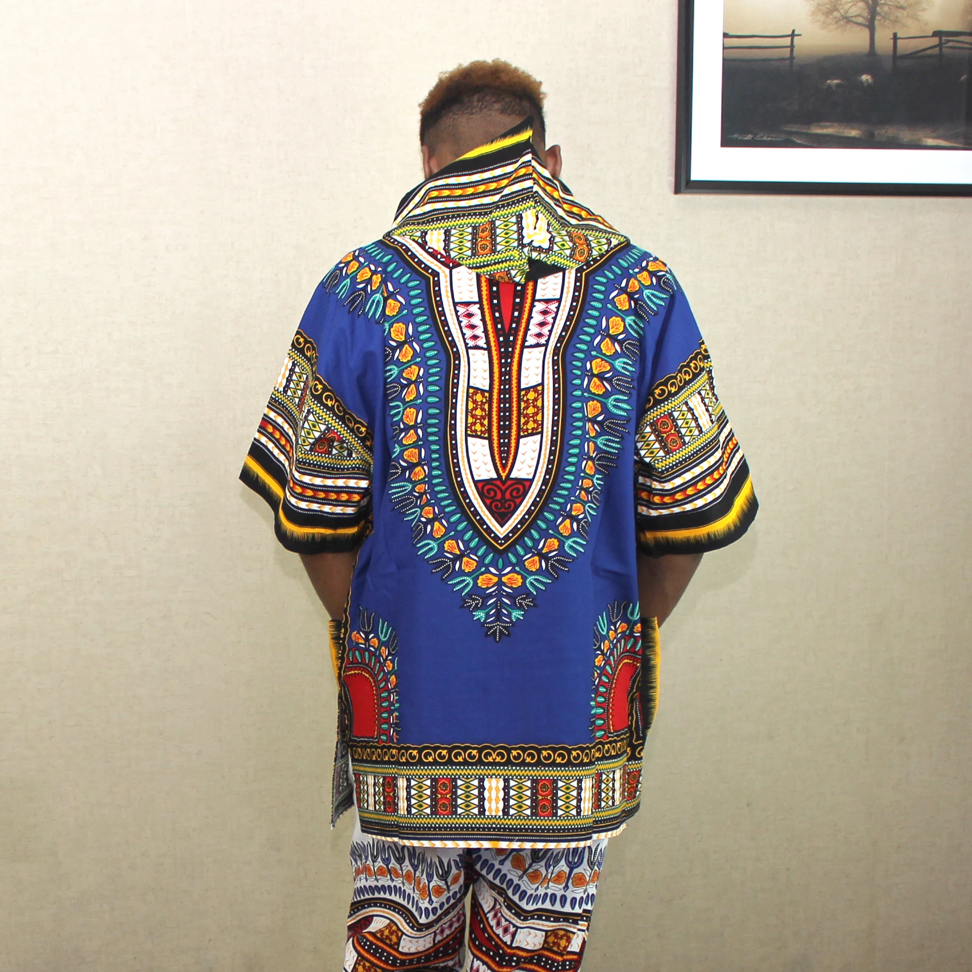 African Classic Dashiki with Pockets Mens Blue Printed Dashiki Hoodie