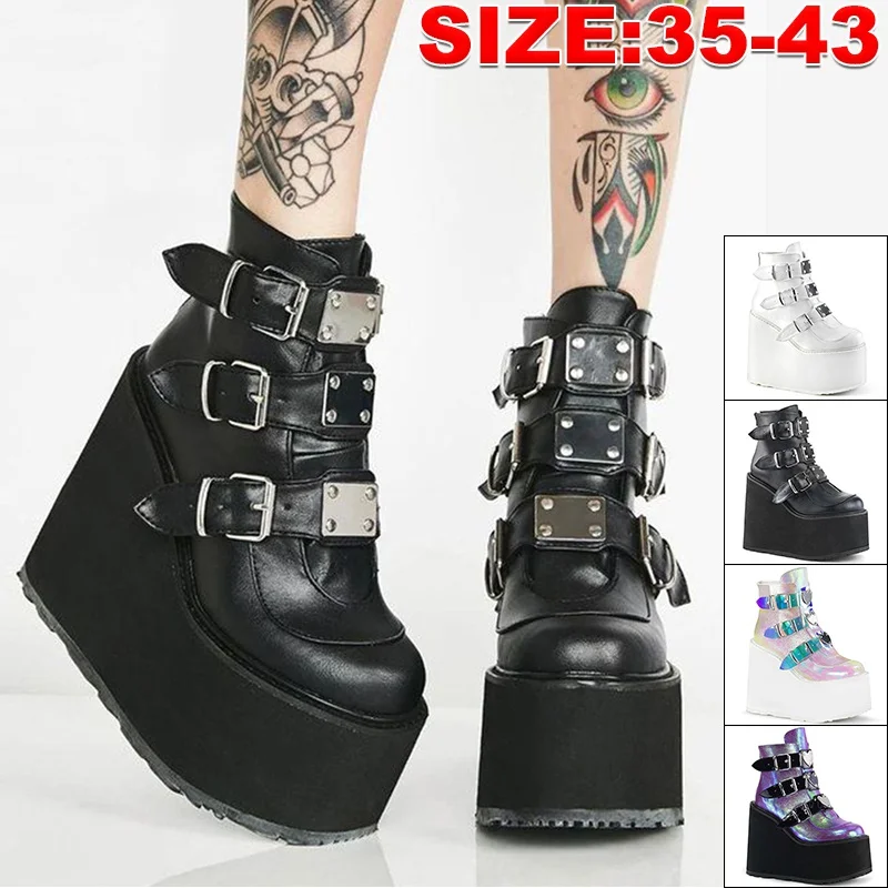 INS Hot Brand High Thicken Platform Ankle Boots Women PVC Strap Decorating Buckle High Wedges Shoes Women Boots Mixed Colors