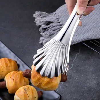 คีมคีบอาหารหัวเปลือกในครัวทำจากสเตนเลสสตีลที่จับยาวหนีบสเต็กเค้กอุปกรณ์ทำอาหาร