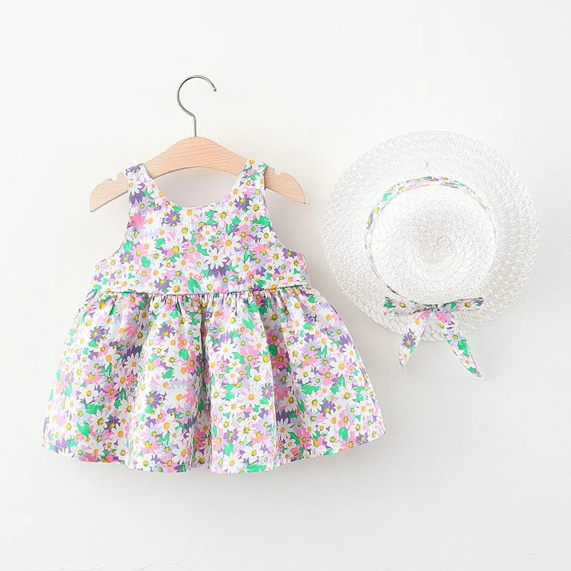 Summer Newborn Baby Girls Clothes Fashion Cute Flowers Big Bow Sleeveless Beach Princess Dress+Sunhat Toddler Dresses BC2074-1