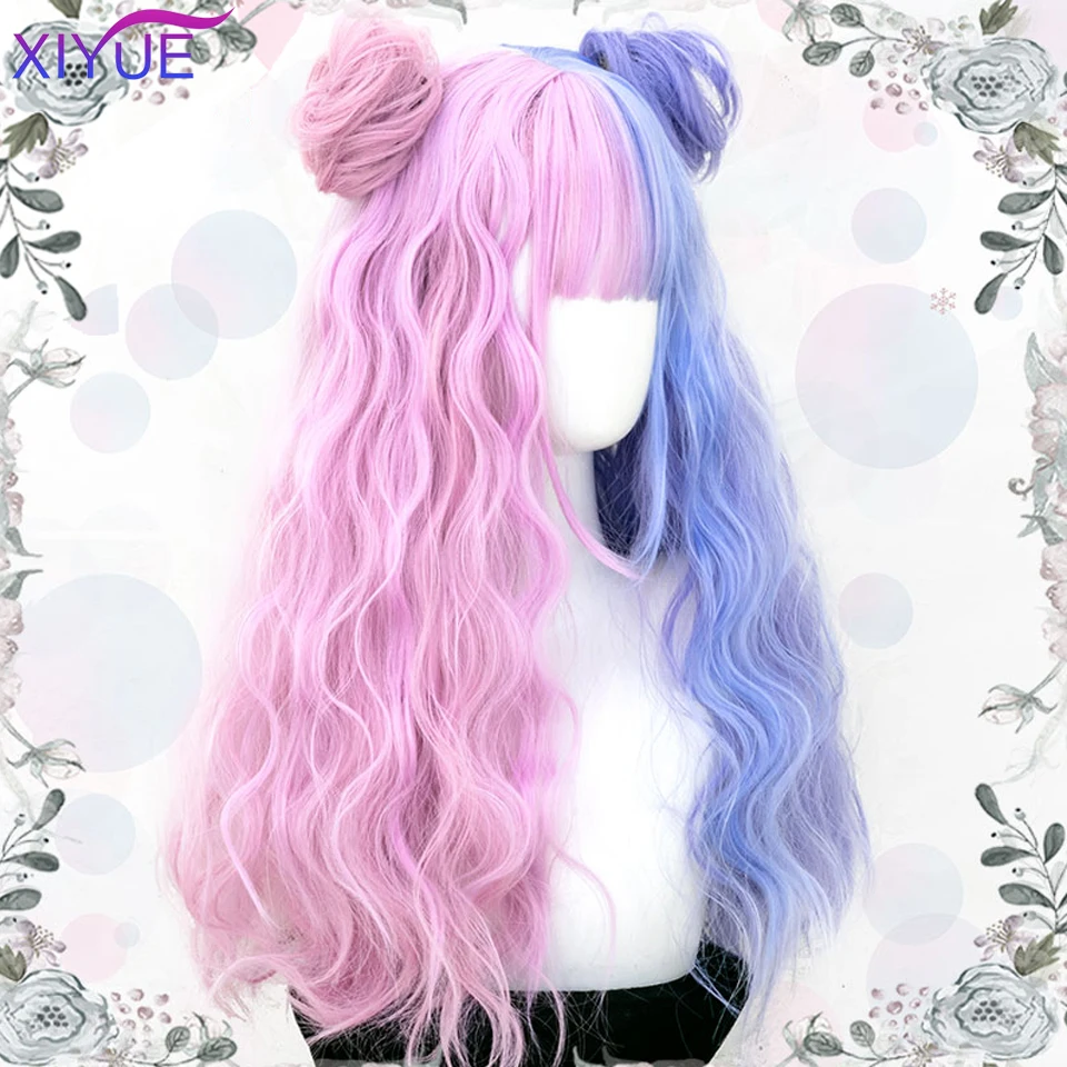 XIYUE Blau Rosa Lolita Perücken Ombre Lange Wasser Welle Cosplay Perücken Synthetische Haar Perücken Hitzebeständig Für Frauen Amerikanischen Stil