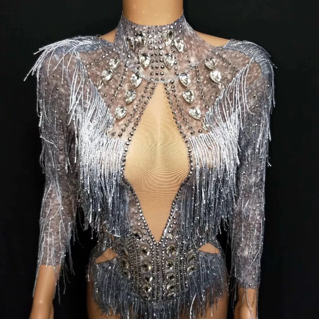 Shining Silver Tassel Women Rhinestone Bodysuits Tight Stretch Glitter Leotard Birthday Party Club Night Out DJ DS Gogo Wear