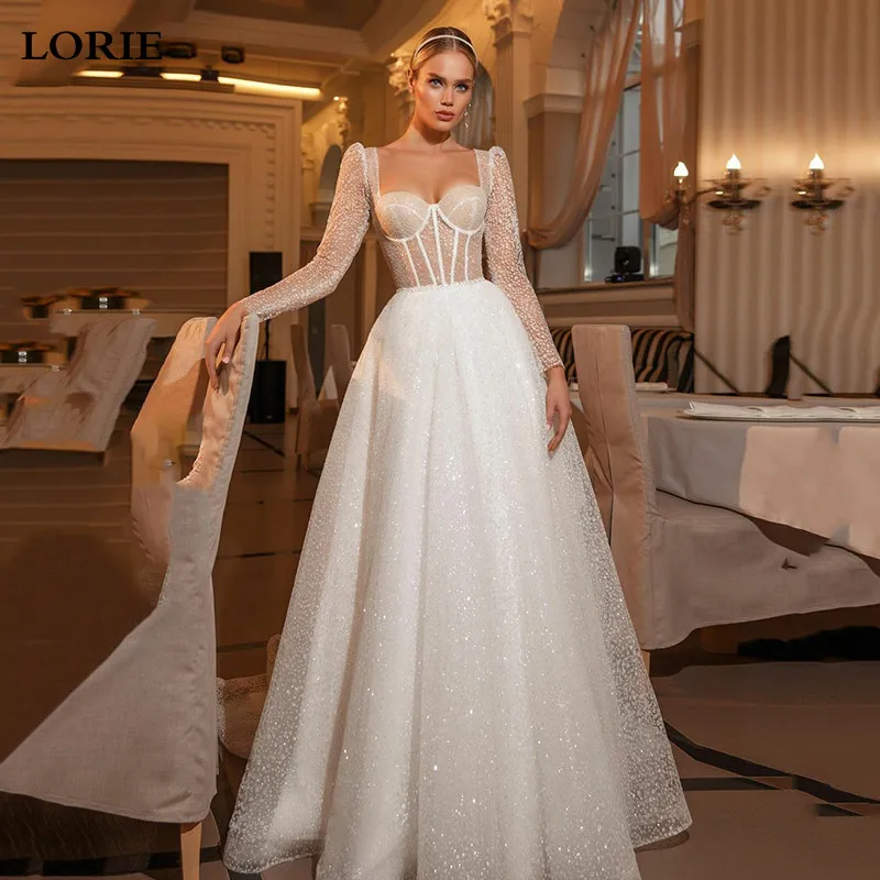 Lorie nova chegada brilhante querida princesa vestidos de casamento manga longa glitter tule boho vestidos de noiva novia 2022