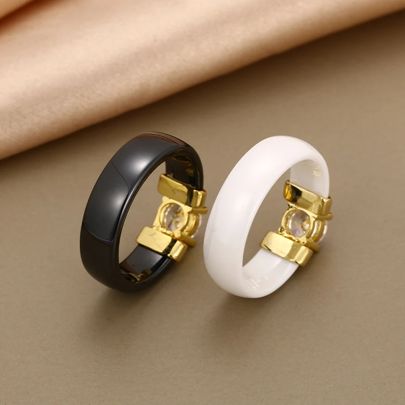 6mm White Black Ceramic Rings Plus Cubic Zirconia For Women Gold Color Stainless Steel Women Wedding Ring Engagement Jewelry