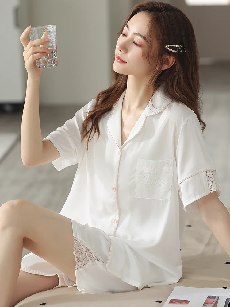 Pajama Shorts Sets Summer White Satin Pyjama Femme  PJ Home Clothes Satin Sleepwear Women Fashion Ice-Silk Satin Pijama Mujer