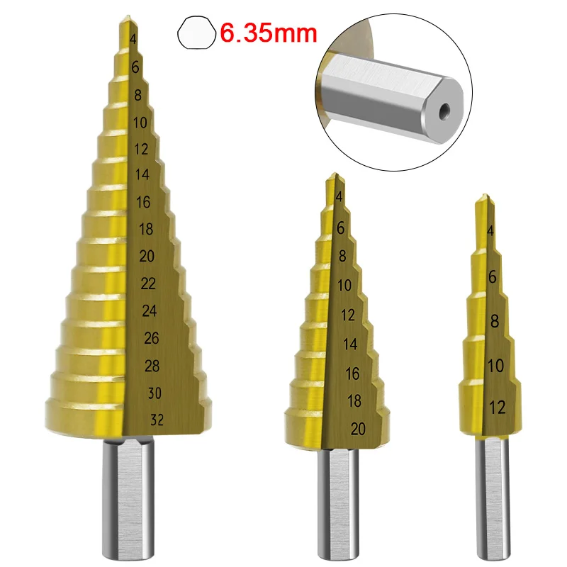 HSS step drill titanium rivestimento 4-12mm 4-22mm 4-32mm foro conico cutter 1/4 ''hex maniglia triangolo maniglia bit per legno metallo