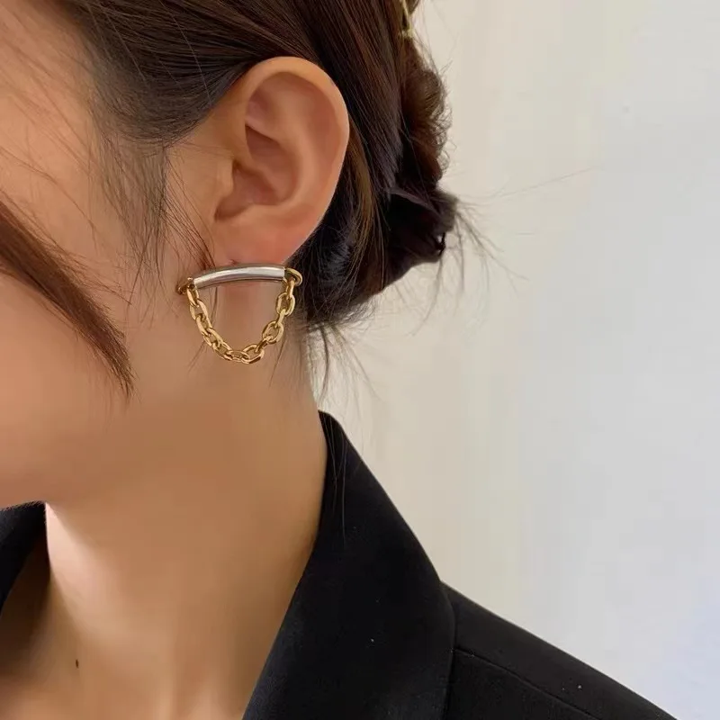 Flashbuy Gold Color Stainless Steel Earrings for Women Vinatge Metal Chain Statement Earrings Fashion Jewelry