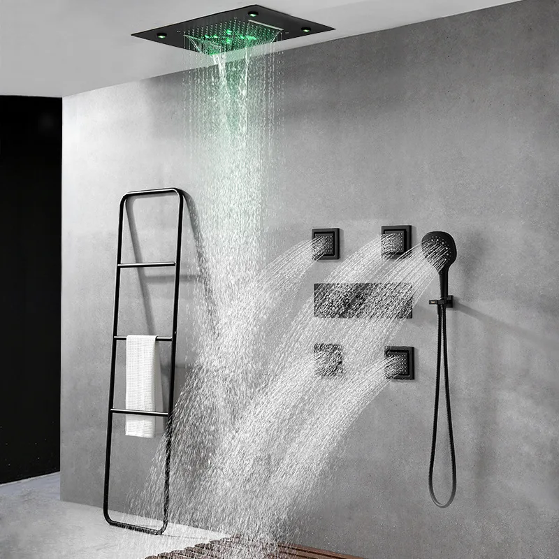 Luxury Ceiling installation wall mounted brass shower faucet LED Waterfall Rainfall top shower head bathroom Thermostatic shower