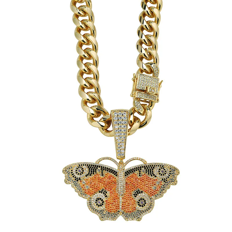 Hip Hop AAA CZ Stone Paved Bling Ice Out Butterfly Pendants Necklace for Men Rapper Jewelry with 12mm 18inch Cuban Chain