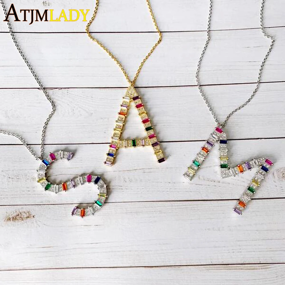 Hot Selling Wholesale Name Letter Necklace Rainbow Cz Paved Initials Big Alphabet Long A To Z Pendant Women Gorgeous Jewelry