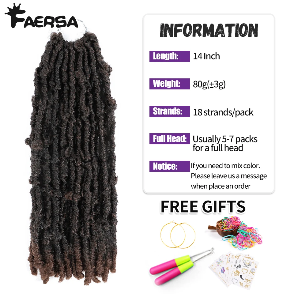 Crochet Faux Butterfly Locs Tranças, Pre-Twist Trança Faersa, Cabelo angustiado, 16 fios por pacote, 14 em, 18 em