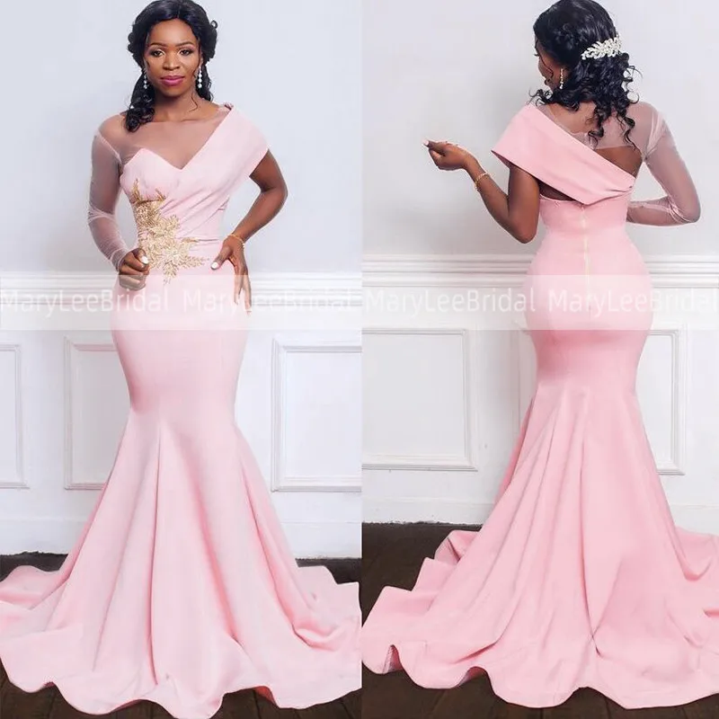 

Light Pink Mermaid Evening Dresses With Gold Applique 2021 Custom Made Sheer Tulle Long Sleeve Formal Prom Dress robes de soirée