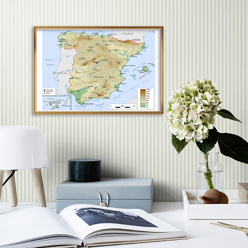 59*42cm The Topographic Map of Spain English Language Wall Art Canvas Painting Unframed Poster School Supplies Home Decor