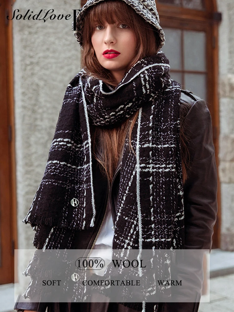 2024Luxury Brand Plaid Scarf Women Winter Thick Warm Soft 100% Wool  Pashmina Shawls Ladies Girls Fashion Rainbow Head Scarfs