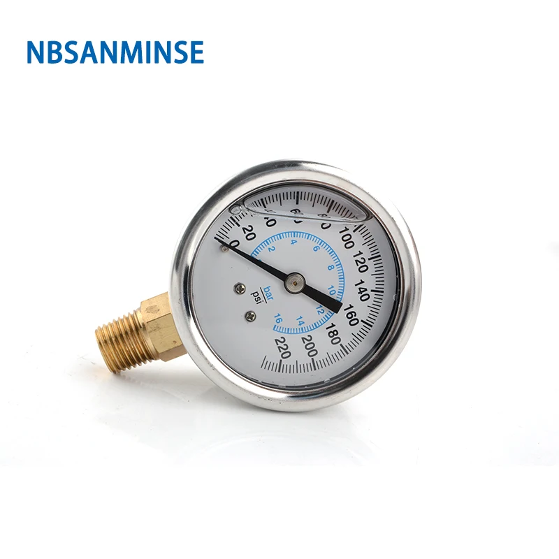 NBSANMINSE Hydraulic Oil Pressure Gauge SM2SB50B/L 2 inch G1/4 Liquid Manometer Pression Instruments SS304 Gauge Brass Thread