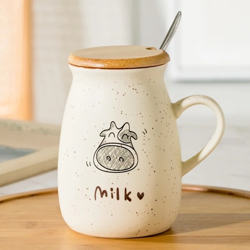 Graffiti Cow Mug with Cover and Spoon Cartoon Water Bottle Ceramic Made Household Breakfast Milk Coffee Cup Cute Couple