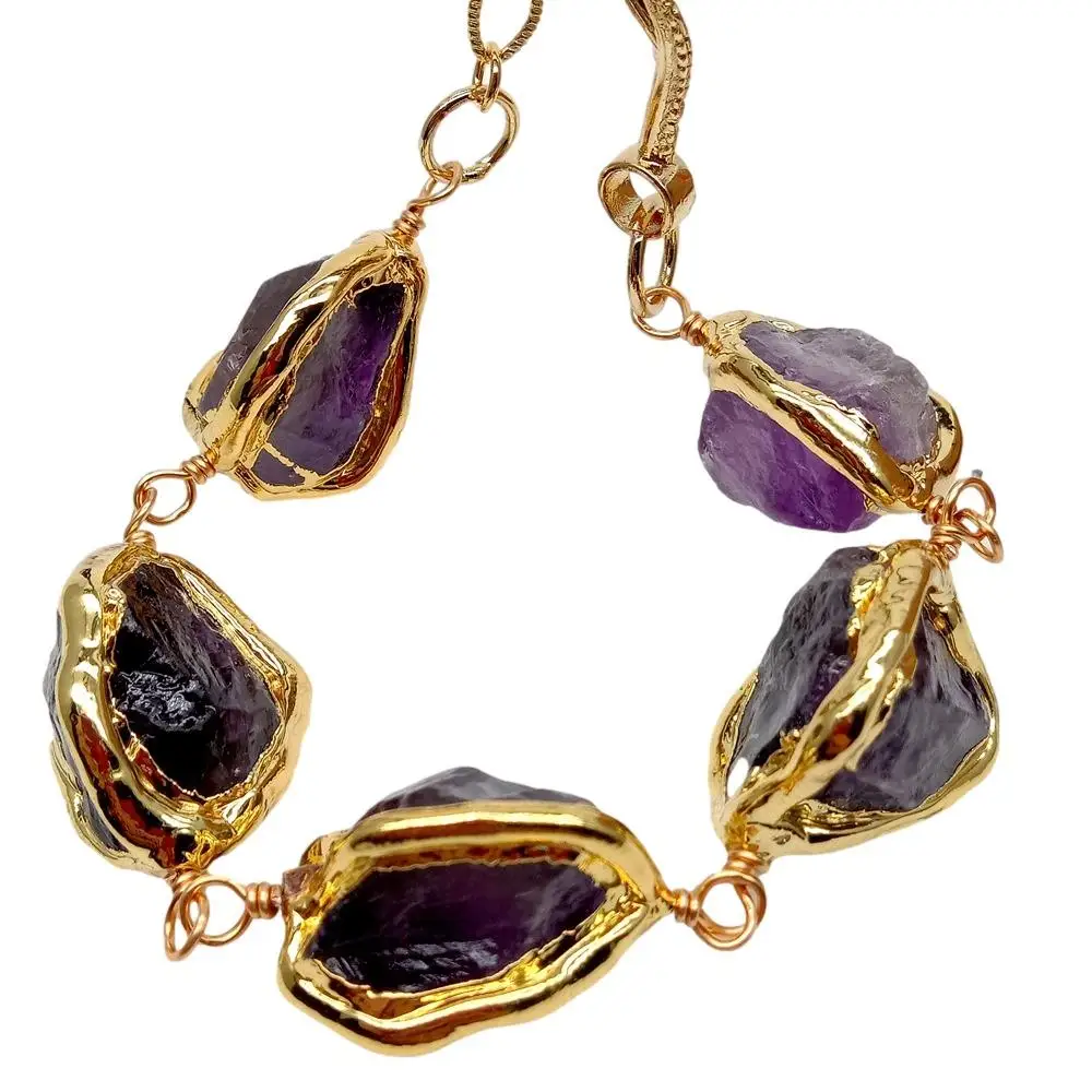 YYGEM Natural Purple Amethyst Rough Nugget With Electroplated Edge Wrap Bracelet 8\