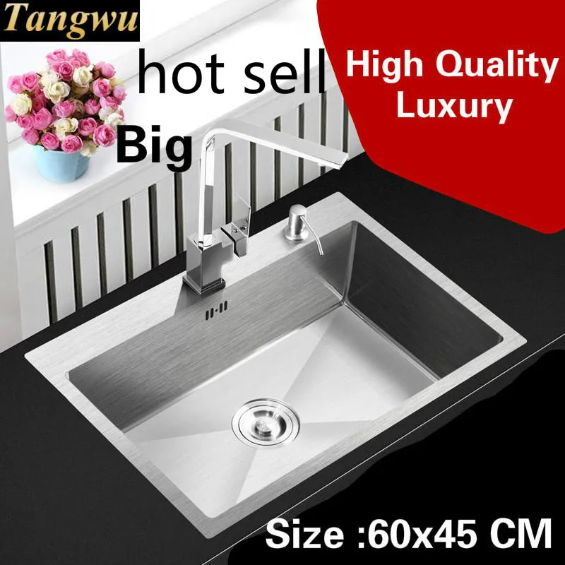 

Free shipping Apartment luxury big kitchen manual sink single trough 304 stainless steel hot sell 60x45 CM