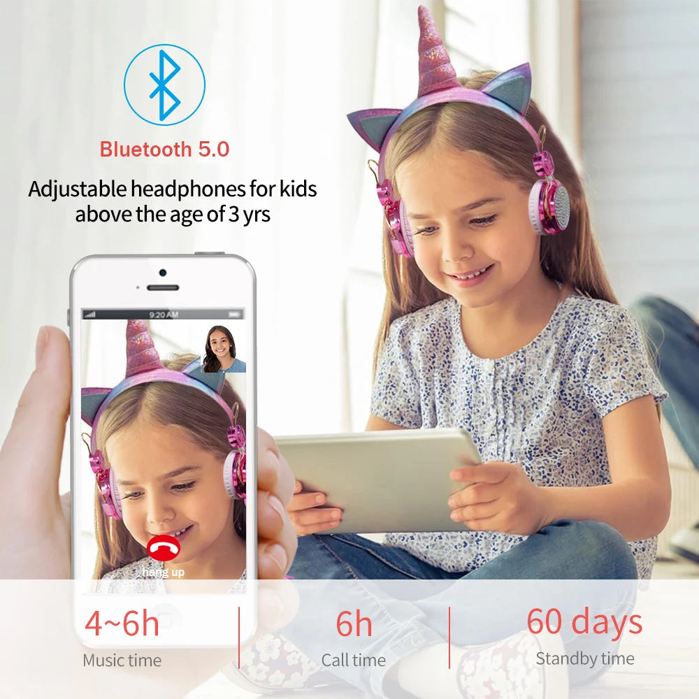 Wireless Bluetooth Headset Glow Lights Unicorn Headphones for Children Music Stereo with MIC Kids Girls Christmas Gifts Helmets