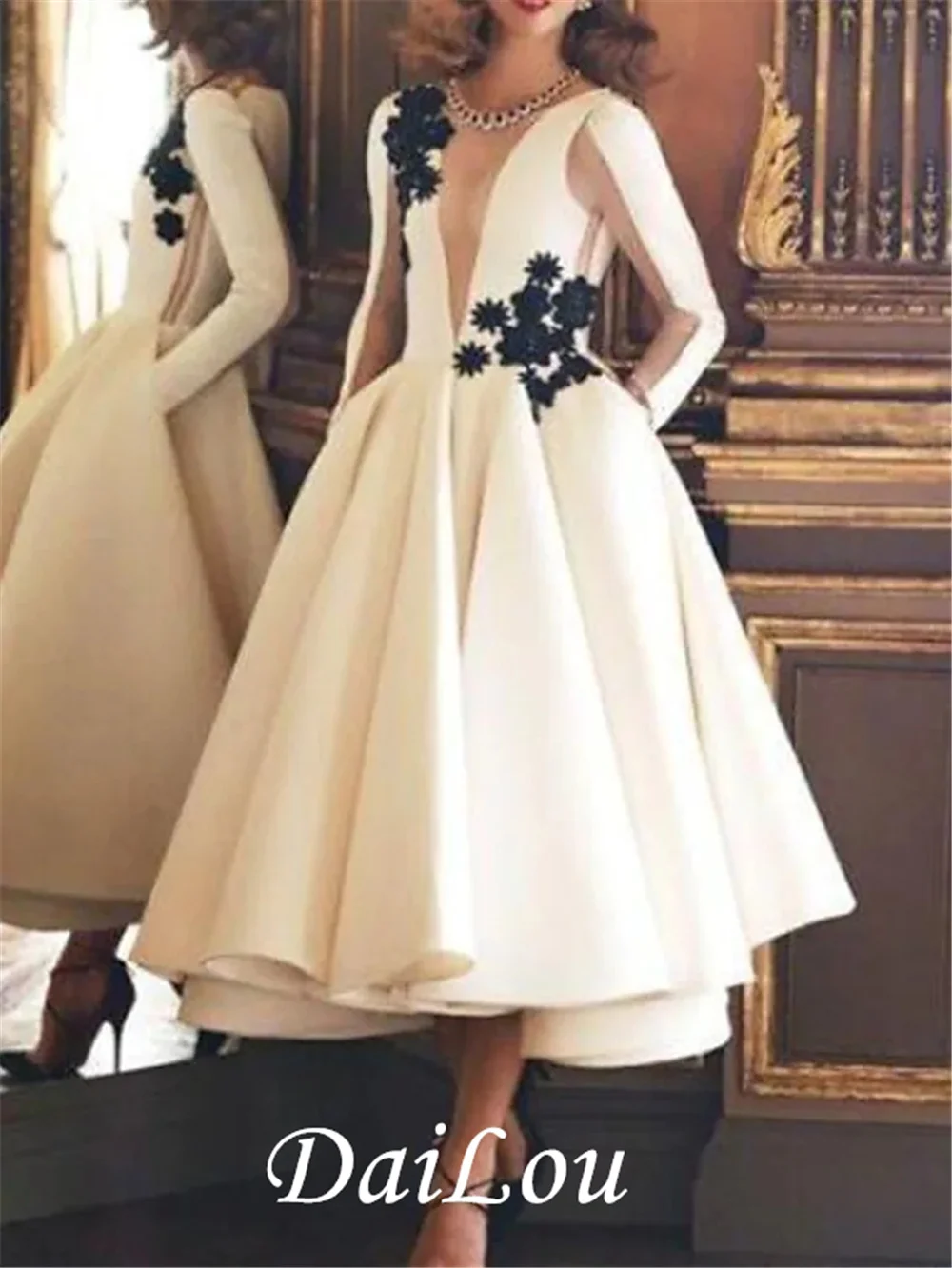 

Ball Gown Luxurious Vintage Engagement Prom Dress Illusion Neck Long Sleeve Tea Length Satin with Appliques 2022