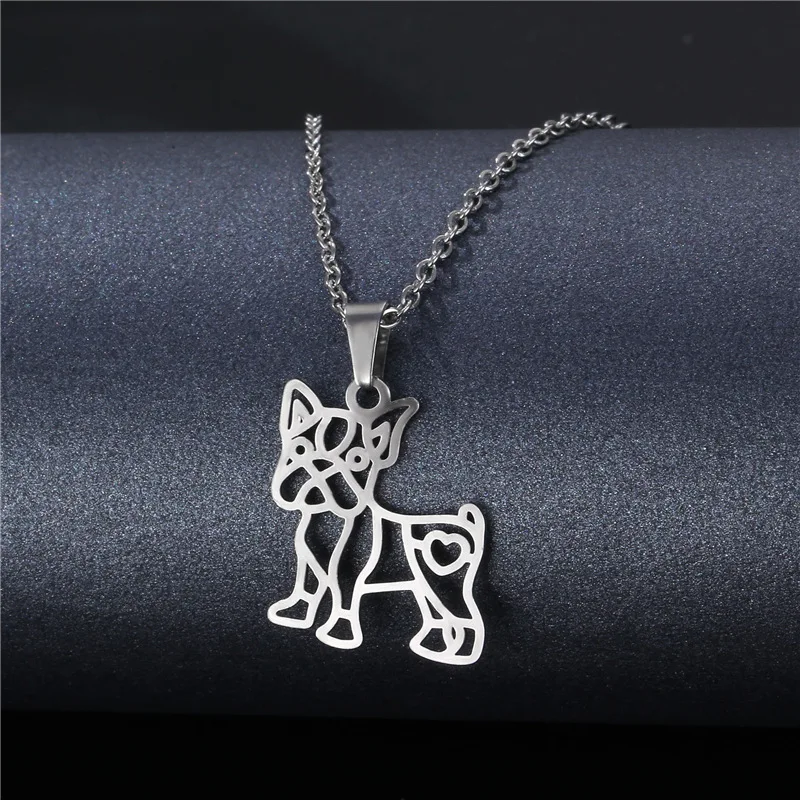 Stainless Steel Hollow French Bulldog Necklace For Kids Girl Kitty Dog Pendant Engagement Party Gift Pet Lover Statement Jewelry