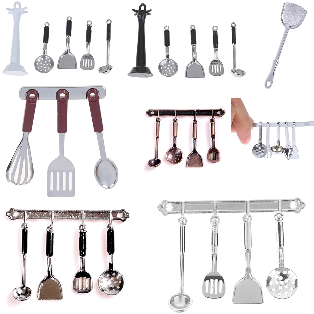Mini casa de muñecas Vintage, vajilla de miniaturas, cubiertos, herramientas de cocina, estante, tenedor, cuchara, juguete para niños, juguetes de cocina simulados