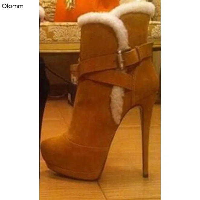 Olomm Women Winter Snow Ankle Boots Sexy Stiletto High Heels Boots Round Toe Gorgeous Black Camel Shoes Women Plus US Size 5-15