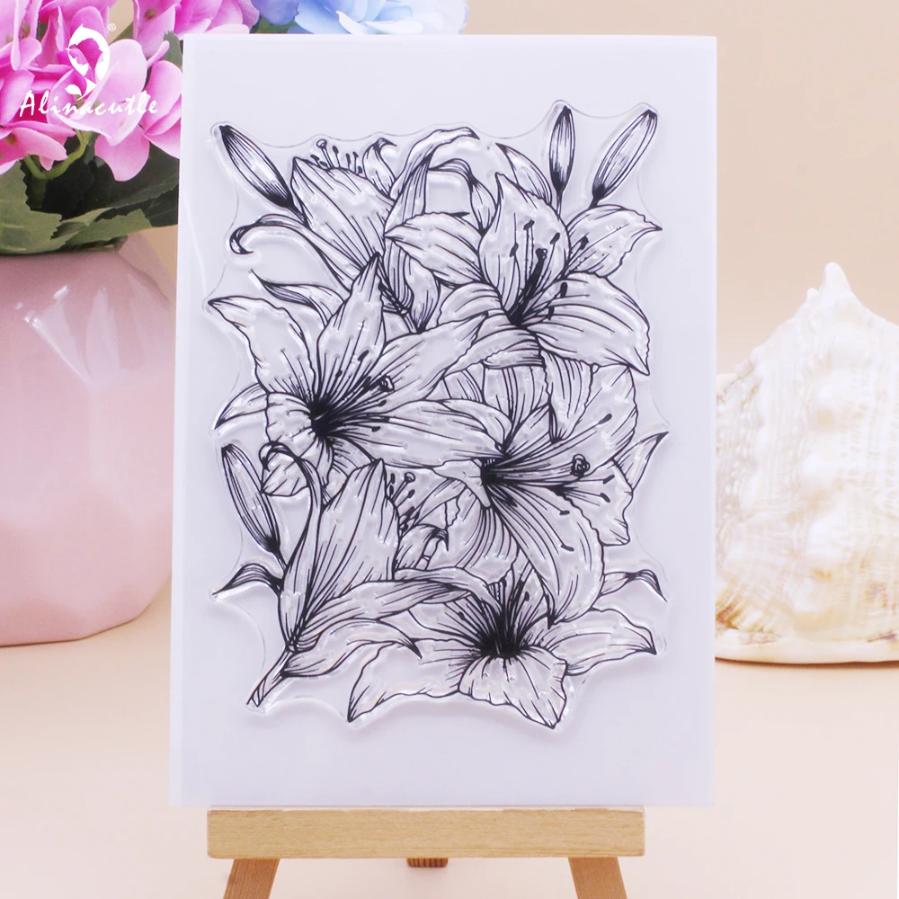 Alinacutle Clear Stamps Large Lily Bloom Floral Background Scrapbooking Card Album Paper Craft Rubber Transparent Silicon Stamps