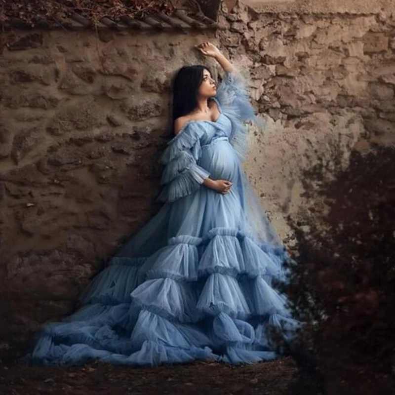 

Elegant Blue Tulle Maternity Dress For Photo Shoot Off The Shoulder Fluffy Tulle Photography Women Dress for Baby Shower Gowns