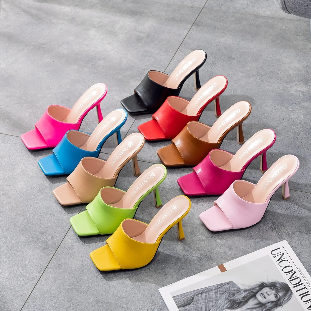 Crystal Queen Women 9cm High Heels Mules Fetish Summer Sandals Stiletto Slippers Prom Platform Stripper Candy Color Shoes