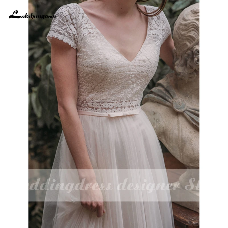 Lakshmigown-Vestidos de novia de encaje con cuello en V, traje de novia bohemio con espalda abierta, talla grande, 2021